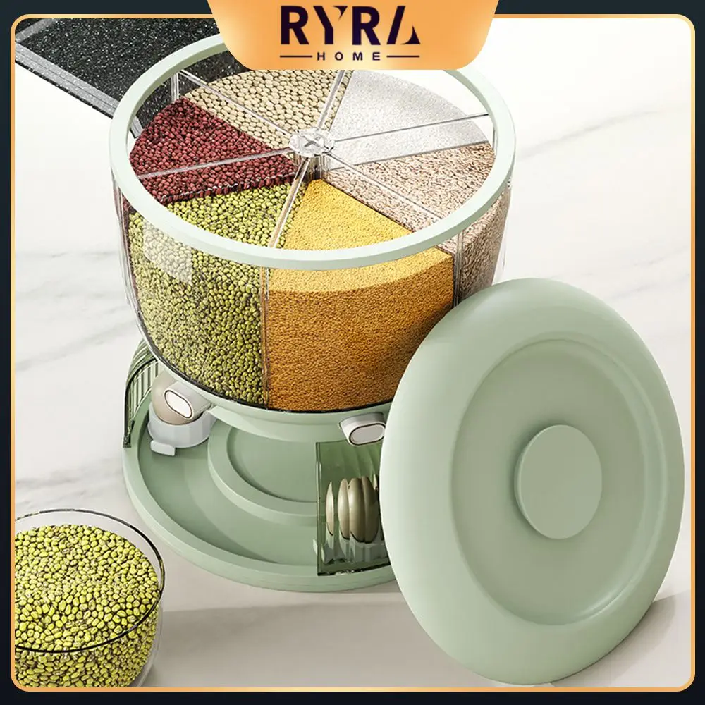 

6-Grid Rotating Grid Grain Rice Dispenser Sealed Cereal Separate Bucket Dry Food Container Round Rice Storage Tank Storage Box
