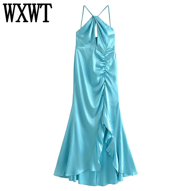 

Женское платье с лямкой на шее WXWT, голубое платье без рукавов с открытой спиной, летнее модное элегантное платье макси на бретелях, платья ...