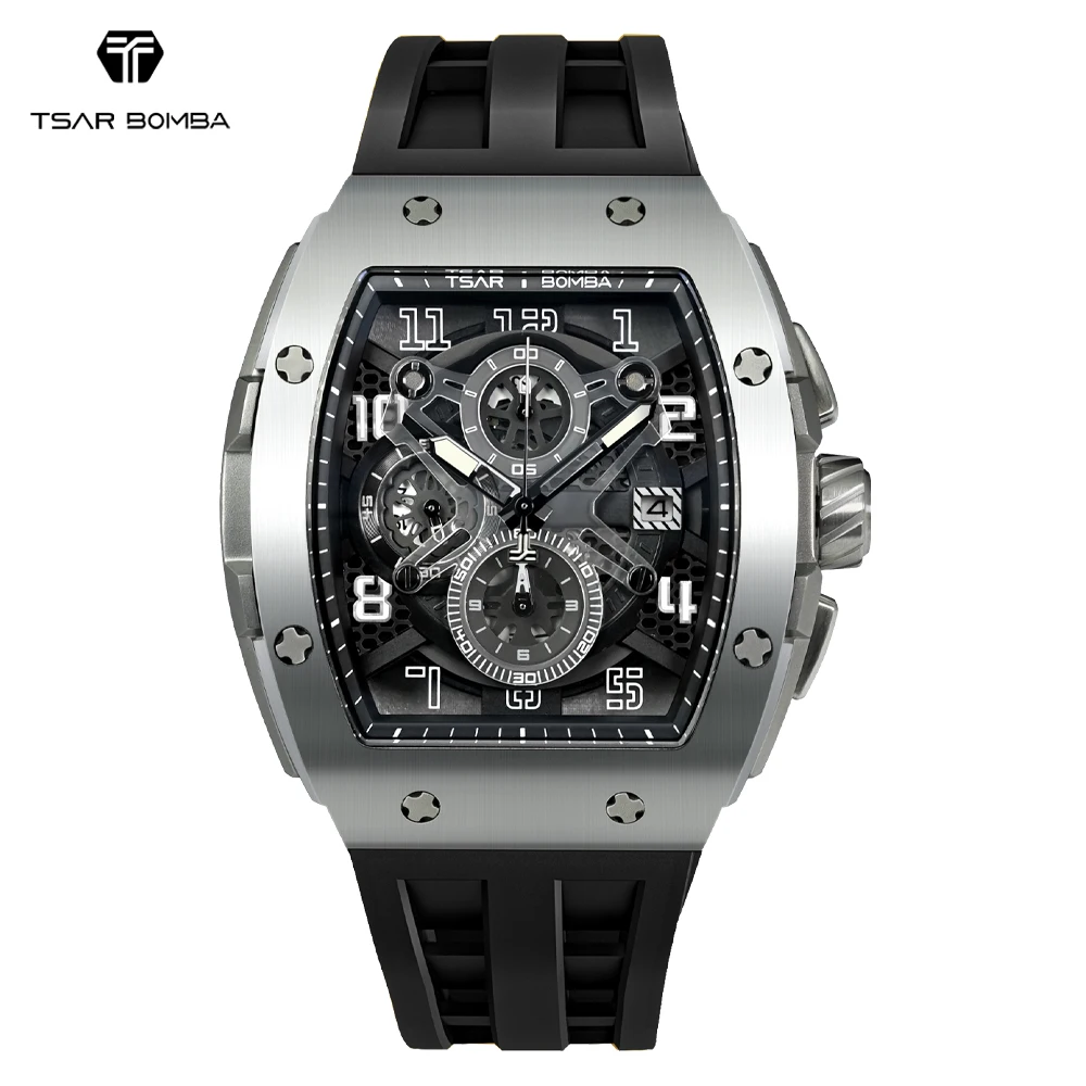 

TSAR BOMBA Mens Watch Luxury Quartz Rectangle Wristwatch for Men Tonneau Waterproof Clock Sapphire Chronograph Christmas Gift