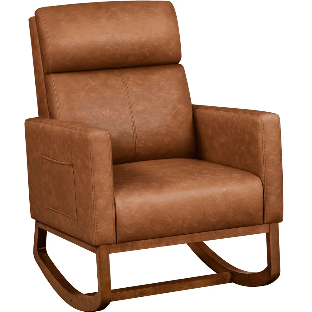 

Easyfashion Modern Faux Leather Rocking Chair with Rubberwood Legs, Brown