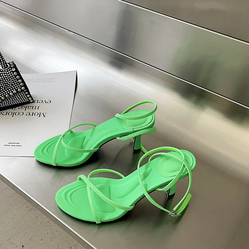 

Сандалии женские на тонком высоком каблуке, босоножки с круглым носком, ремешком на щиколотке и открытым носком, модная классическая обувь ...