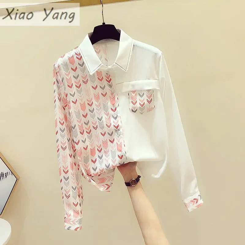 

Spring Autumn Women's patchwork Shirt Office Lady Retro Printed Shirt Women Loose Fashion Long-sleeved Shirt Woman CYN2022-00