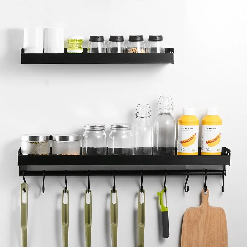 

Kitchen Organizer Storage Wall-Mount Spice Racks Aluminum Shelves Utensil Spoon Hanger Hook Kitchen Gadgets Accessories Supplies