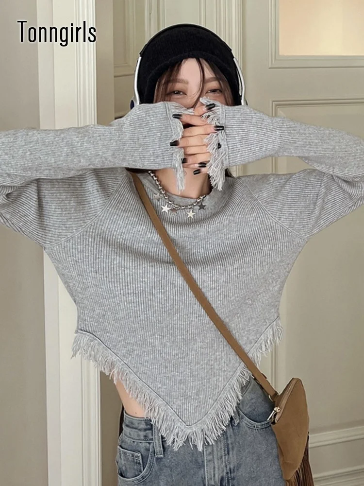 

New Harajuku Vintage Sweater Women Tassel Irregual Pullovers American Retro Sweater Pullovers Autumn Winter Streetwear Top