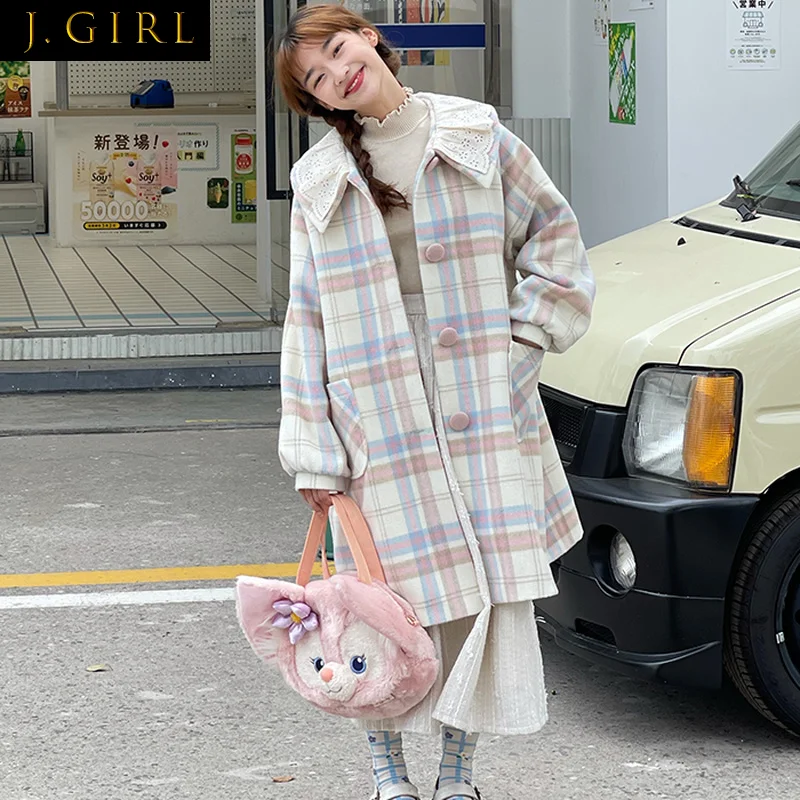 

Plaid Wool Blends Women Sweet Kawaii Design Lace Peter Pan Collar Long Outwear Pockets Warm Thicker Woolen Coats Girls Ulzzang
