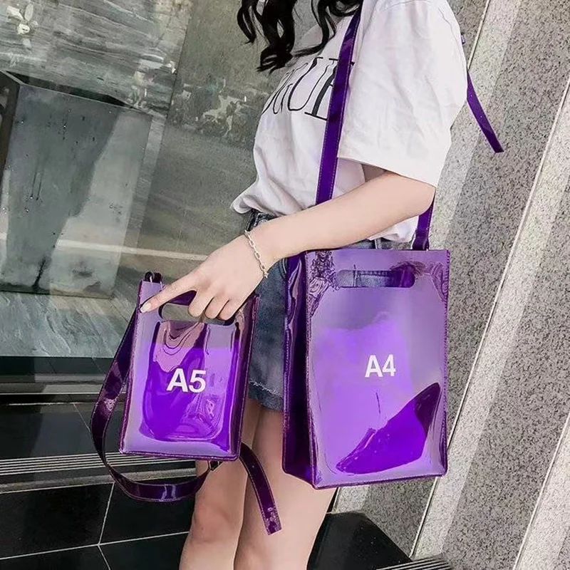 

Women PVC Transparent Bags Summer Composite Jelly Bag Plaid Canvas String Simple Messenger A4 A5 Solid Color Bucket-bag