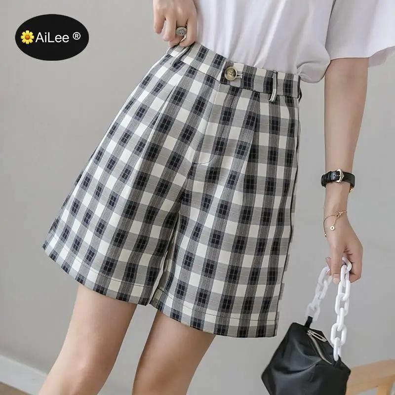 New 2021 Summer Autumn Women Shorts Wide Leg High Waist Fashion Plaid Girl Students Checkered Lady Shorts Holiday Vacation