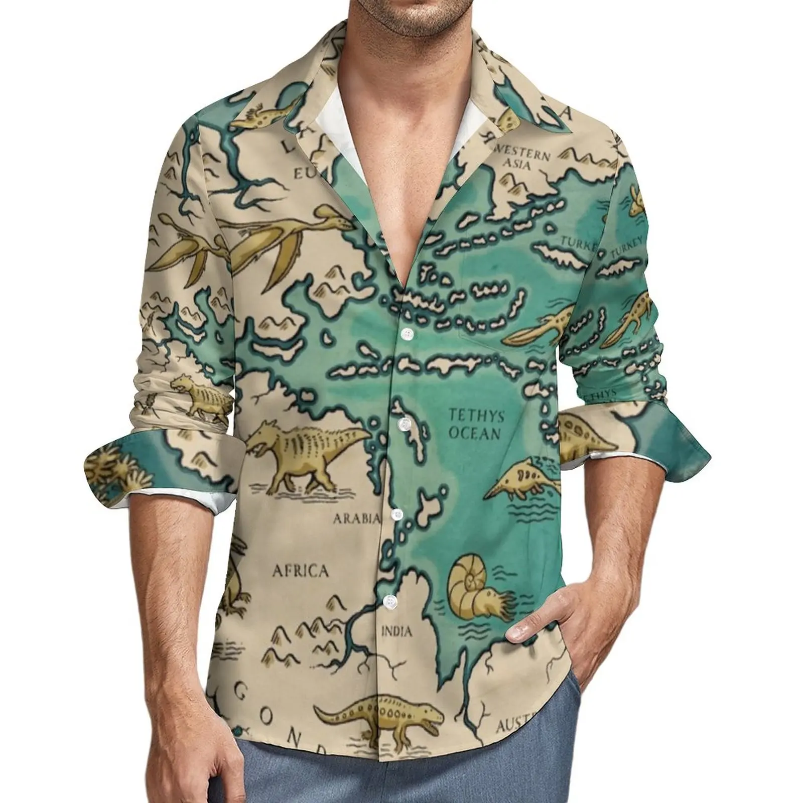 

Vintage Map Shirt Male Supercontinent Pangaea Casual Shirts Spring Street Graphic Blouses Long Sleeve Fashion Oversized Clothing