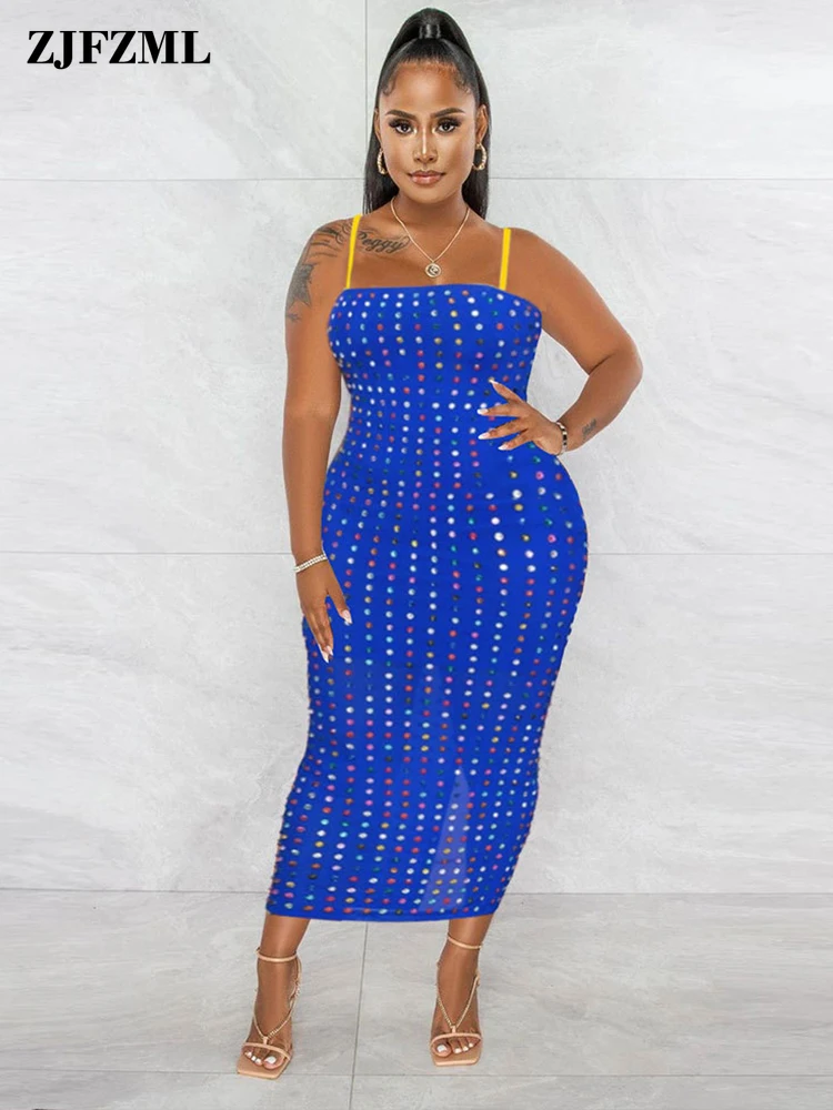 

Sparkly Rhinestones Sexy Bodycon Sundress Woman Sexy Sleeveless Spaghetti Strap Package Hip Dress Vintage Body-shaping Vestidos