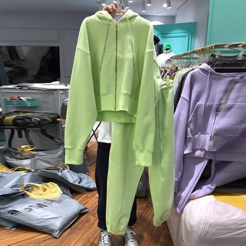 

Loose Sweatpants Harem Pants Sets Two Tracktsuits Autumn Hooded Green Sweatshirts Zipper Hoodies Jacket