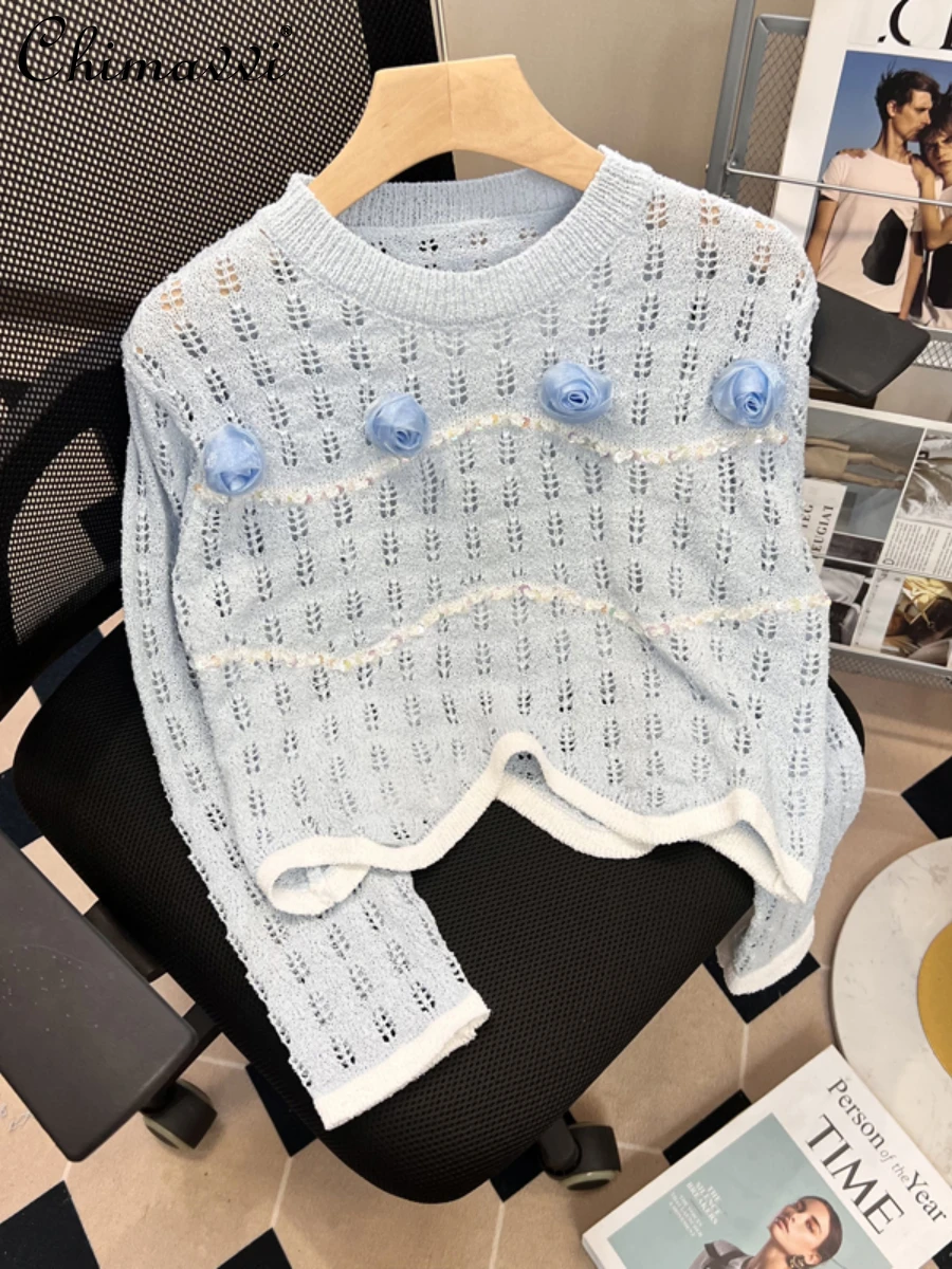 

2022 Summer Clothes New Sweet Heavy Sequins 3D Flower Cutout Round Neck Ice Silk Knitted Pullover Women's Short Temperament Tops