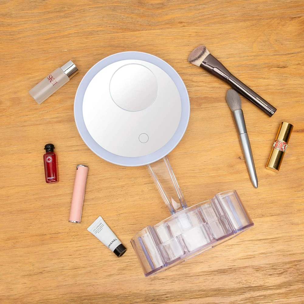 

Multifunction Lighted Makeup Mirror Led Lights 10X Magnifying Detachable Touch Screen Dimming 90° Rotation With Storage Box