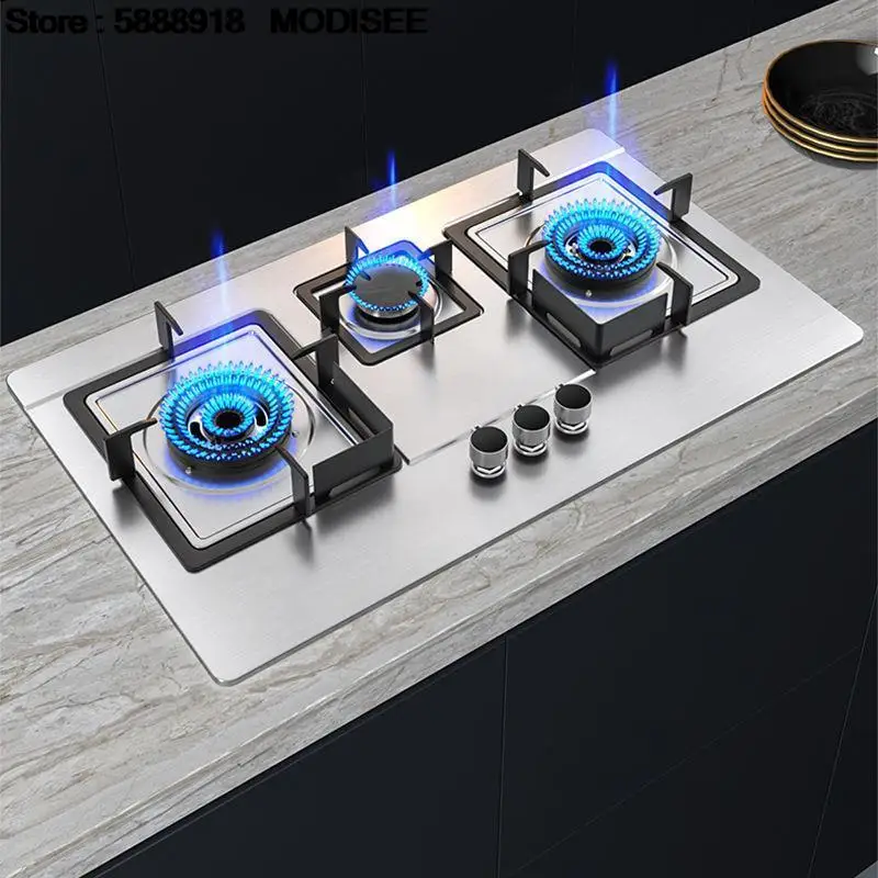 

Household Gas 3 Burner Stove for Kitchen Cooktop Upgrade Timing Flip Kitchen Gas Cooker Energy-saving Embedded Fierce Fire Stove
