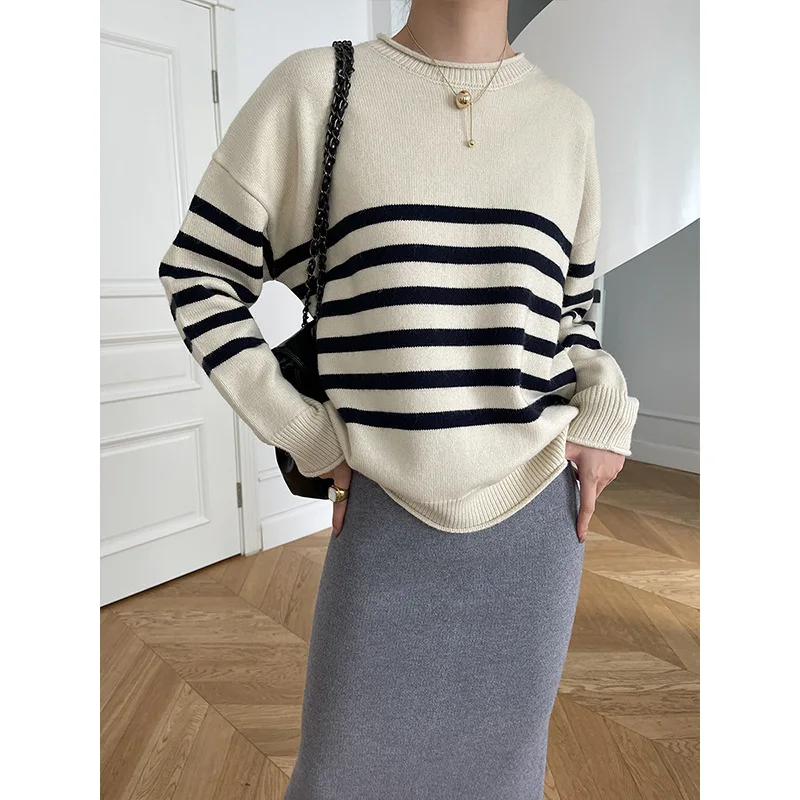 

Lazy Wind Curly Striped Knitted Sweater Niche Design 2023 Autumn And Winter New Pullover All-match Top Women's Clothing