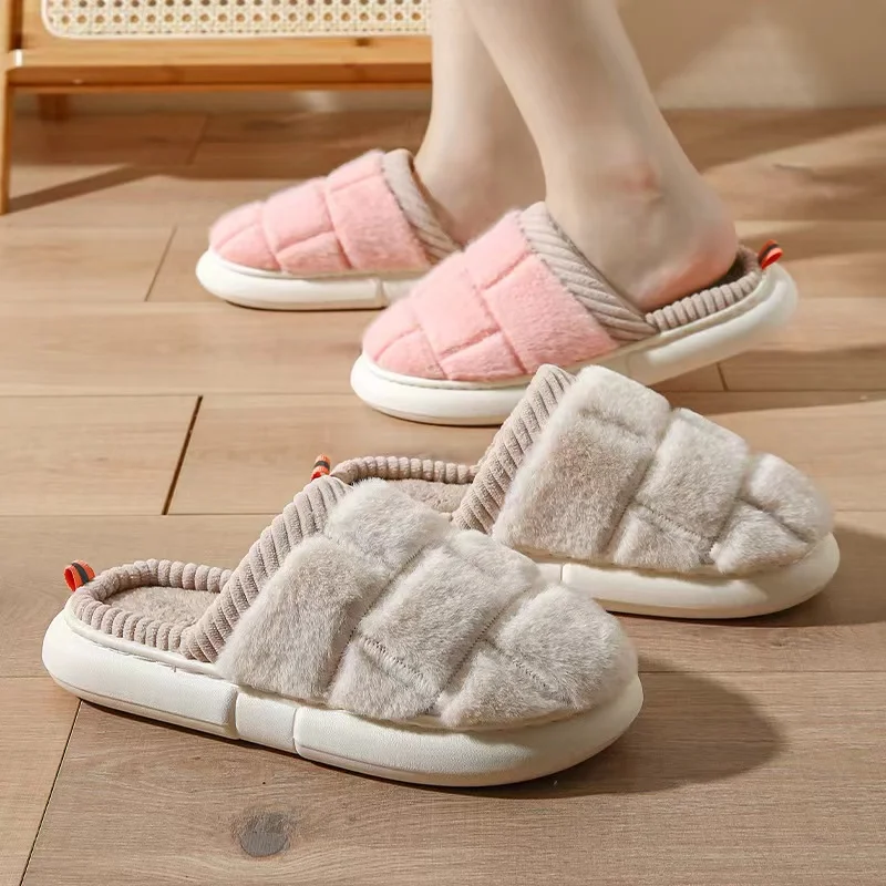 2023 Winter New Home Women's Slippers Fashion Square Checker Warm Cotton Slippers Plush Cotton Shoes Couple Floor Slippers