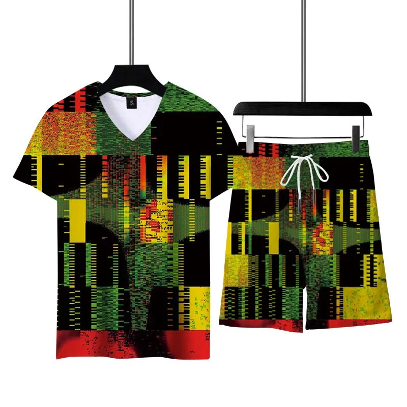 2023 Summer Men Sports Suit Casual Short Sleeve 3D Printed Harajuku Suit V-neck Men's Clothing T-shirt Oversized Comfortable Top