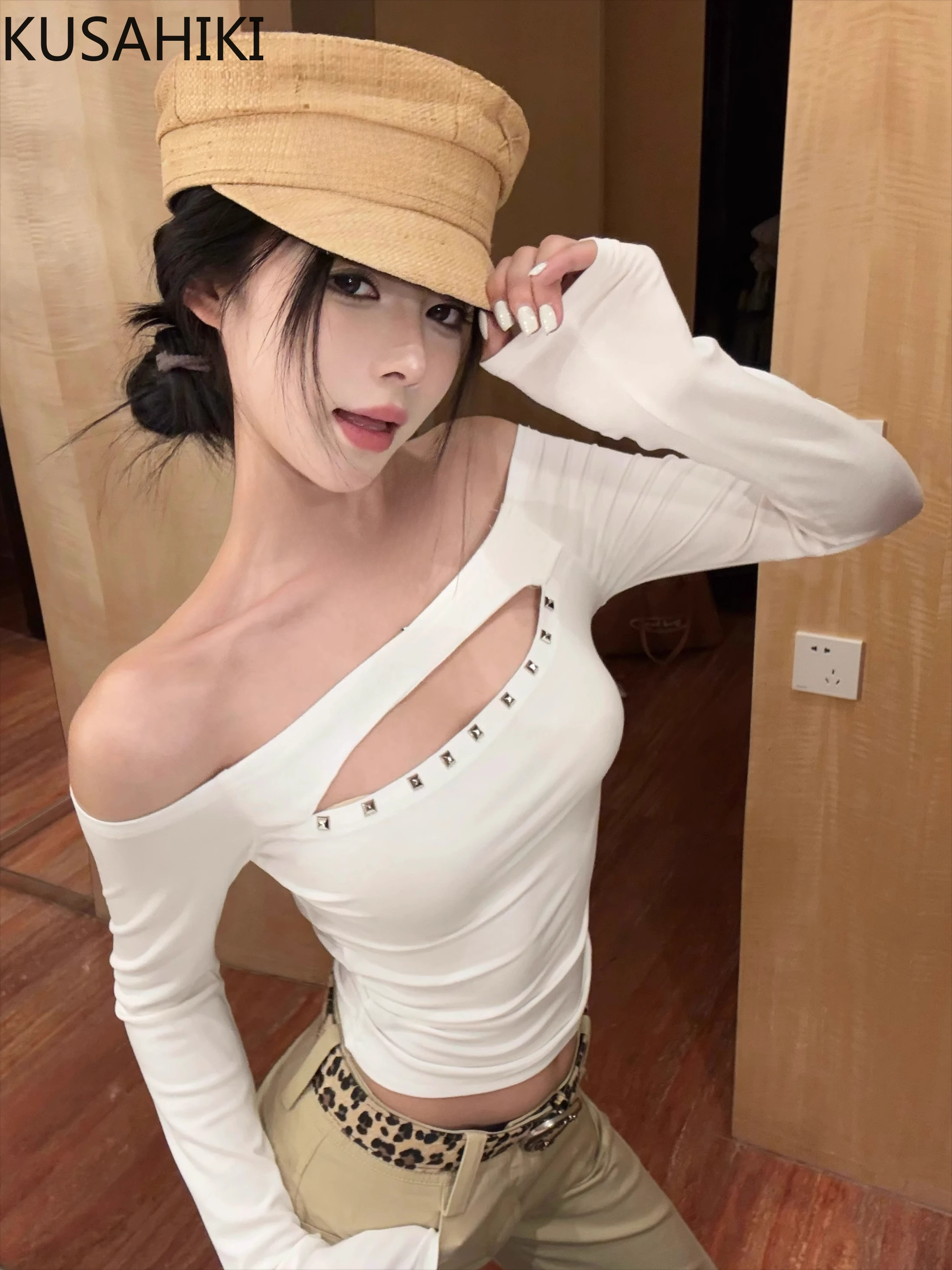 KUSAHIKI футболка с открытыми плечами и длинными рукавами для женщин весенняя