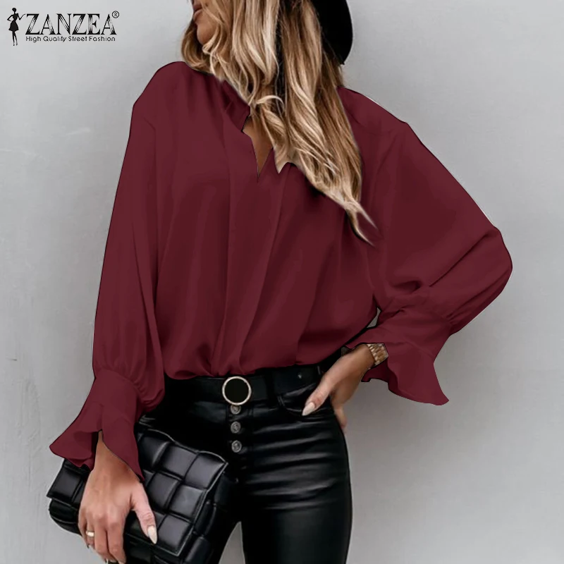 

Bohemian Work Casual Elegant Fashion Chemise ZANZEA Spring Women Long Sleeve Blouse V-Neck Solid All-Match Holiday Loose Shirt