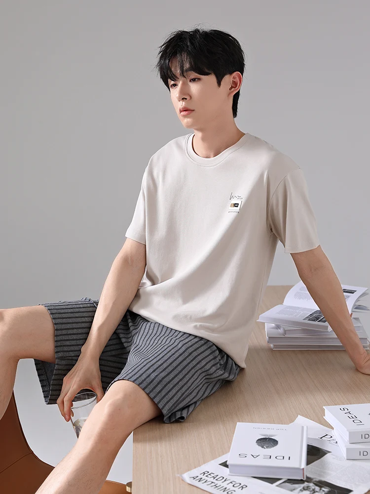 Пижамы мужские летние хлопковые тонкие шорты с короткими рукавами и круглым