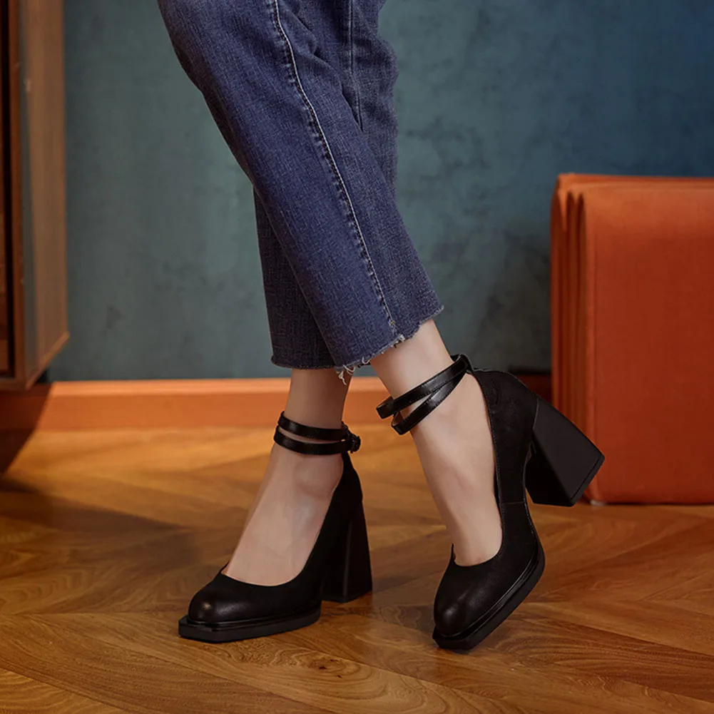 Krainluna Hot Sale Female Mary Janes Pumps Genuine Leather Square High Heels Women Shoes Concise 2022 New Arrival Shoes Woman OL