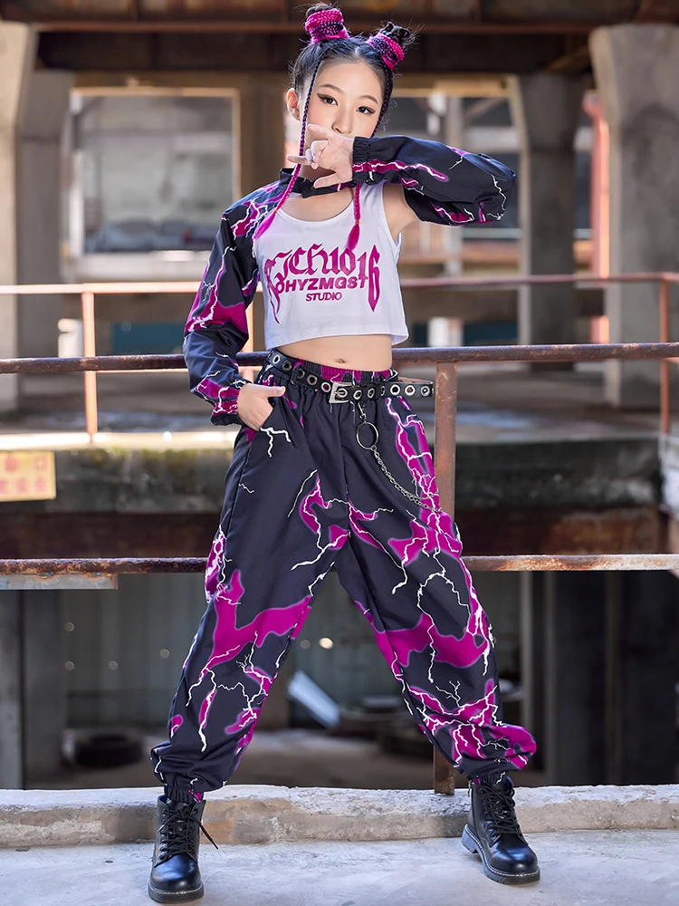 

Modern Jazz Dance Clothes Girls Festival Clothing Kpop Children Hip Hop Costume Purple Lightning Sleeve Suit Hiphop Pants