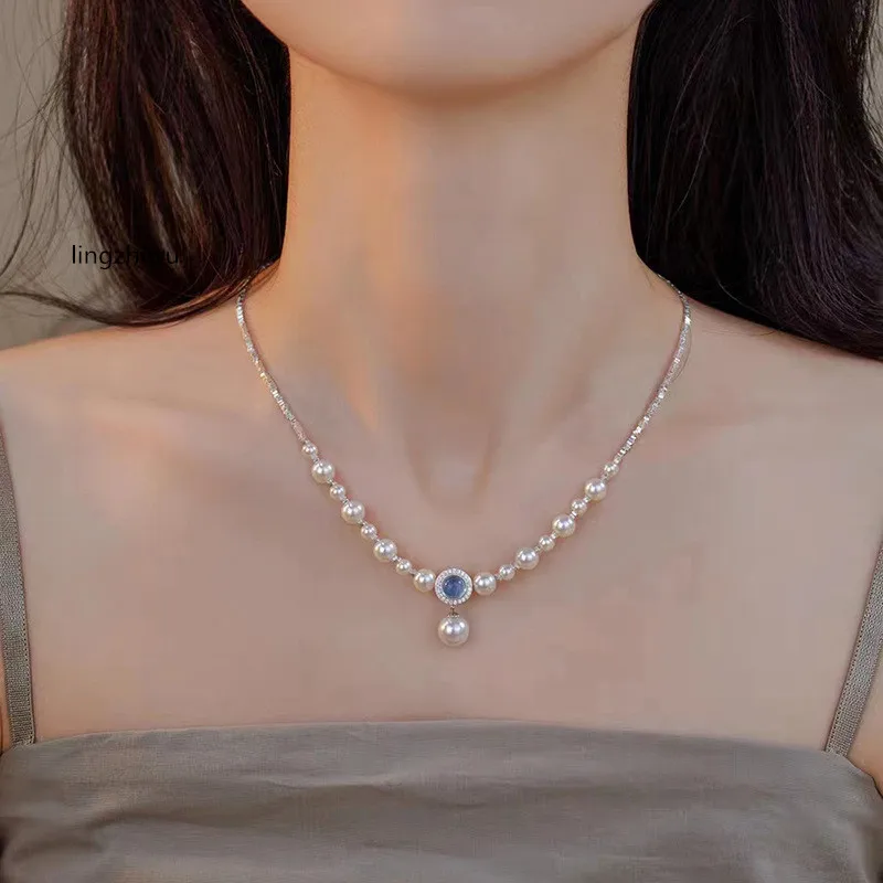 lingzhiwu женское ожерелье из натурального жемчуга + серебро 925 пробы с аквамарином и