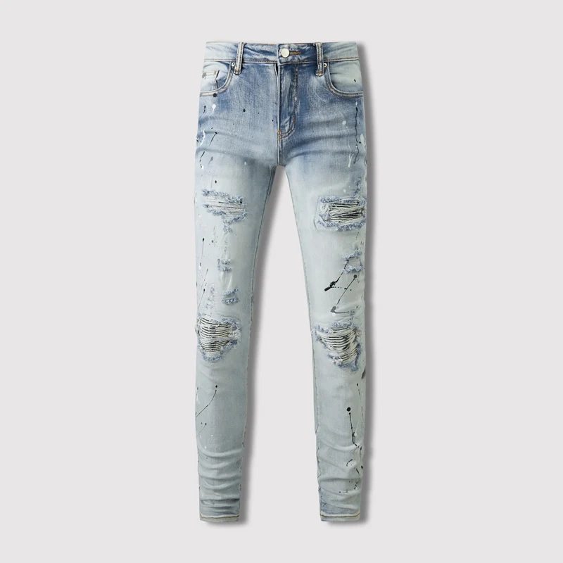 Street Fashion Men Jeans Retro Light Blue Elastic Stretch Skinny Ripped Jeans Men Patched Painted Designer Hip Hop Brand Pants