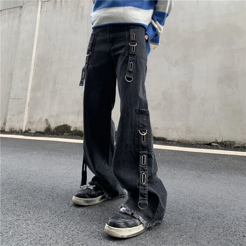 Spring Summer Autumn American Street Straight Leg Men's Jeans Adjustment Metal Decoration Raw Edge Trousers Black Mid-Waist