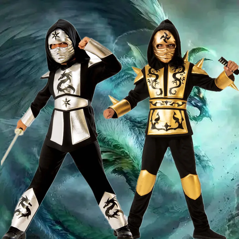 

Kids Costume Ninja Cosplay Boys Girls Gold Sliver Dragon Party Fancy Masked Dress Carnival Swordsman Suit