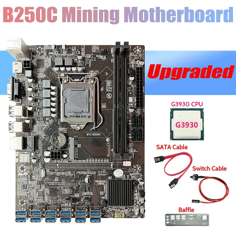 

B250C ETH Miner Motherboard+G3930 CPU+Baffle+SATA Cable+Switch Cable 12USB3.0 Graphics Card Slot LGA1151 For BTC
