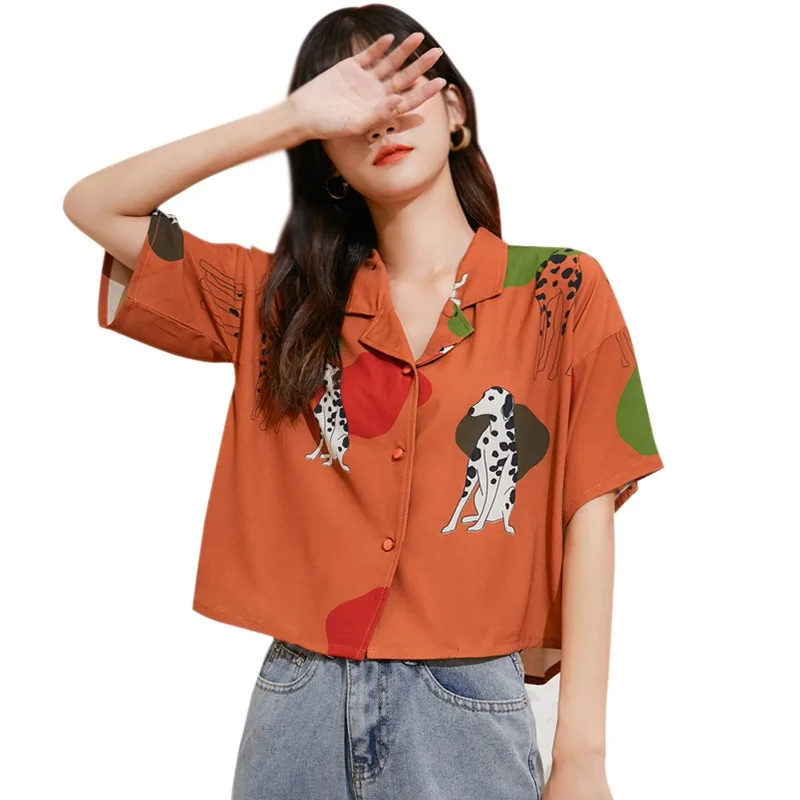 

Women's Retro Cartoon Print Shirt Summer Loose Fit Short Sleeve Turn-down Collar Cute Casual Blouse