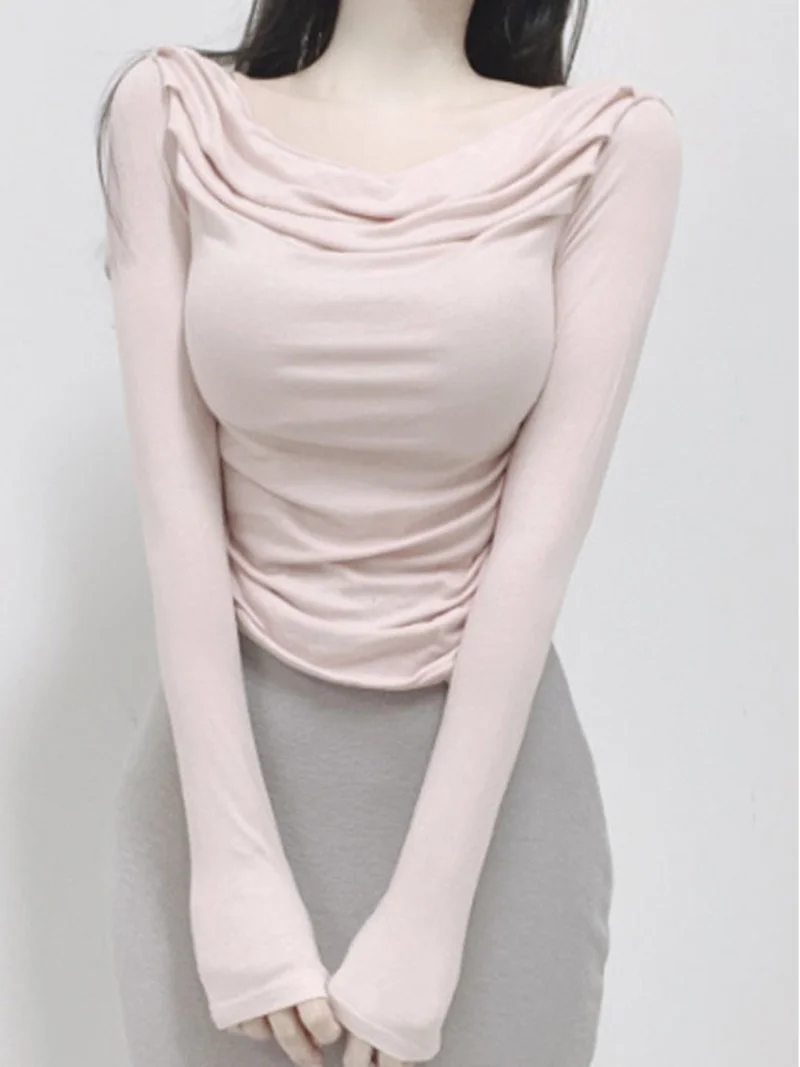 

Женские футболки в Корейском стиле, Новинка весна-лето 2023, тонкая элегантная облегающая футболка с воротником-стойкой и высокой талией и длинным рукавом, женская футболка UV8Z