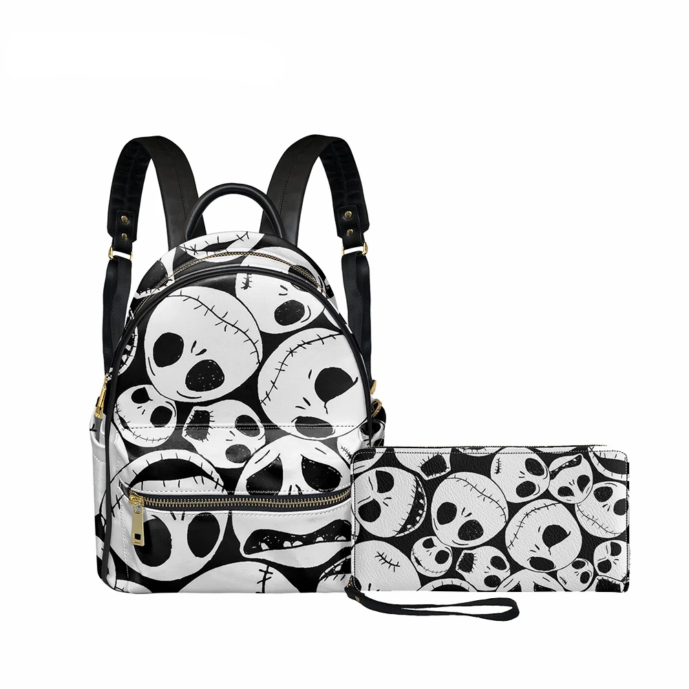 

Nightmare Before Christmas Print PU Leather Backpack and Wallet Set Gothic Style Bagpack and Purse Set for Woman 2022