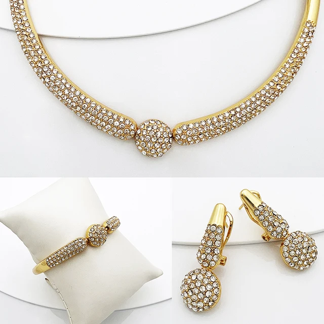 Dubai Gold Plated Jewelry Set Vintage Round Charm Rhinestone Necklace Bracelet Earring Ring For Wedding Bride Women Jewelry Sets 4