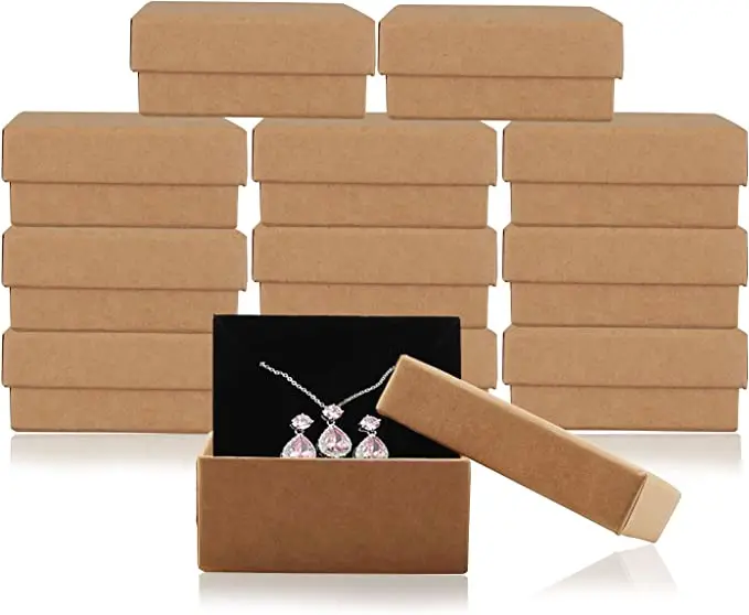 Es,cotton Filled Cardboard Paper Jewelry Box Gift Case (3.15x3.15x1.1 Inches) (kraft)