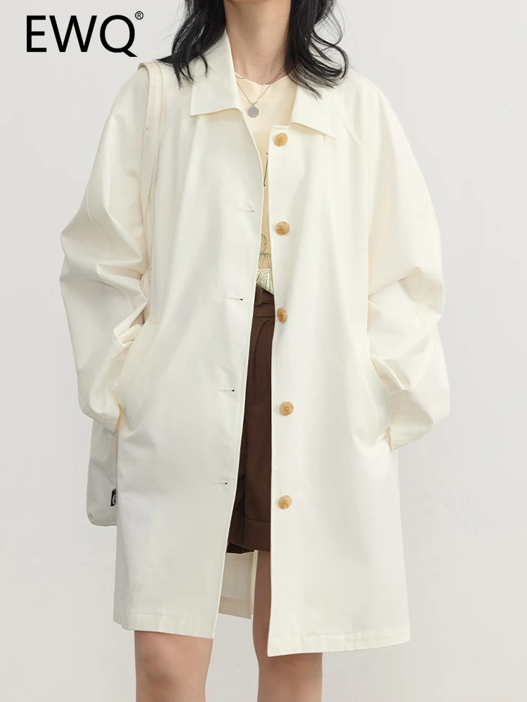 

EWQ 2023 Autumn New Mid-length Trench For Women Solid Lapel Long Sleeve Simplicity Straight Outwear Fashion Coats 26D5257