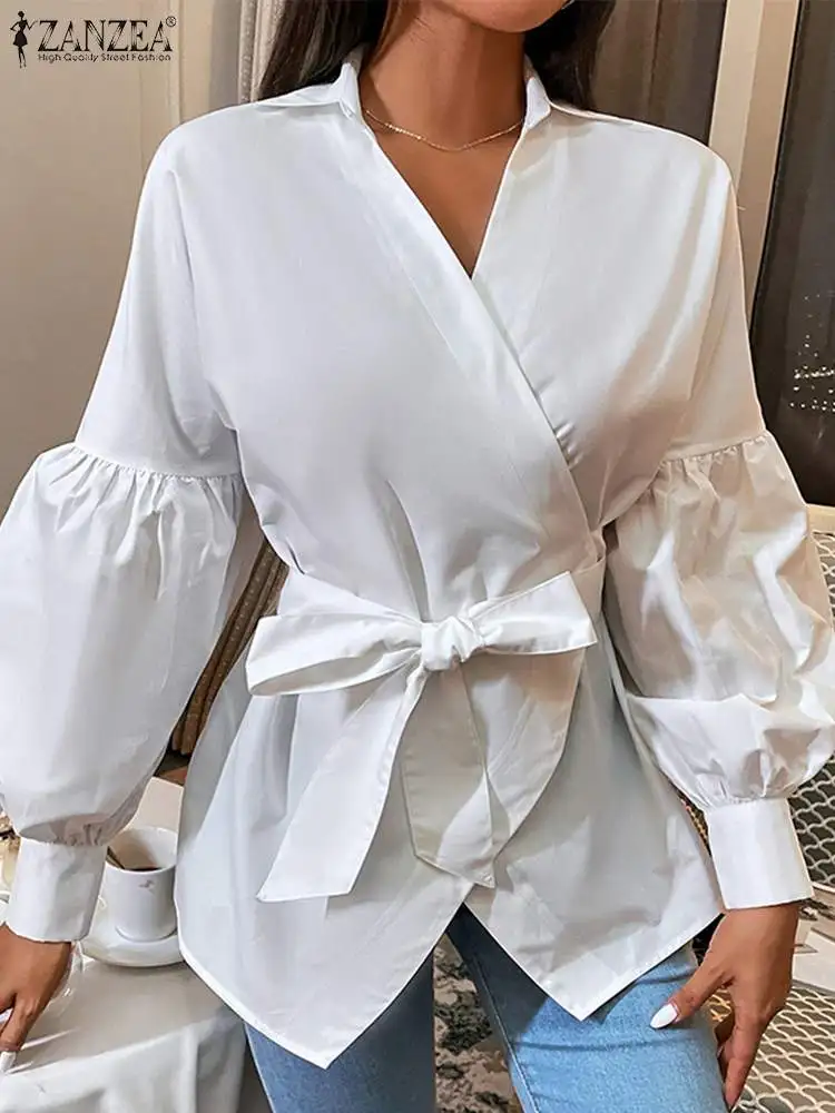 

ZANZEA 2023 Puff Long Sleeve Wrapped Shirt Fashion Office Lady Summer Tops Women Lapel V Neck White Blouse Holiday Bandage Tunic