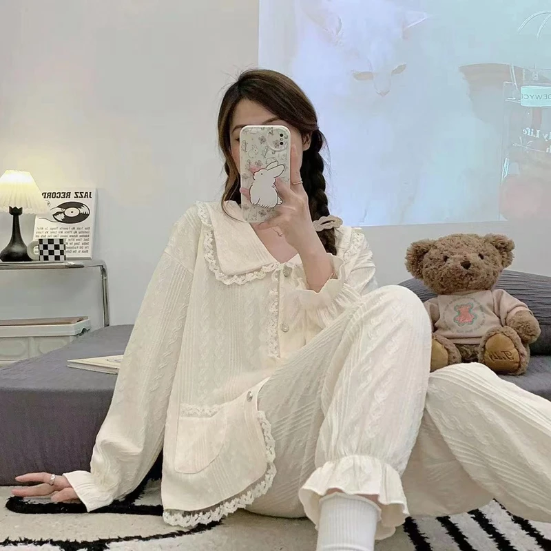 Молодежные вафельные пижамы для девочек весенне-летний милый и комплект из двух