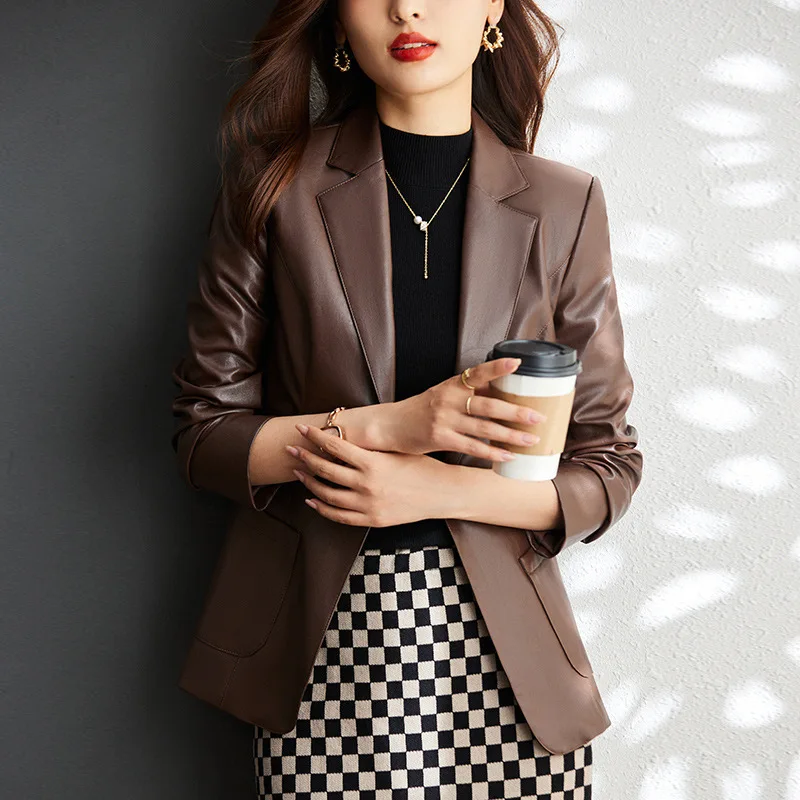 PU Leather Coat Women's Short Casual Suit Faux Leather Top  Autumn/Winter  Faux Leather  Single Button Office Lady Formal Suit