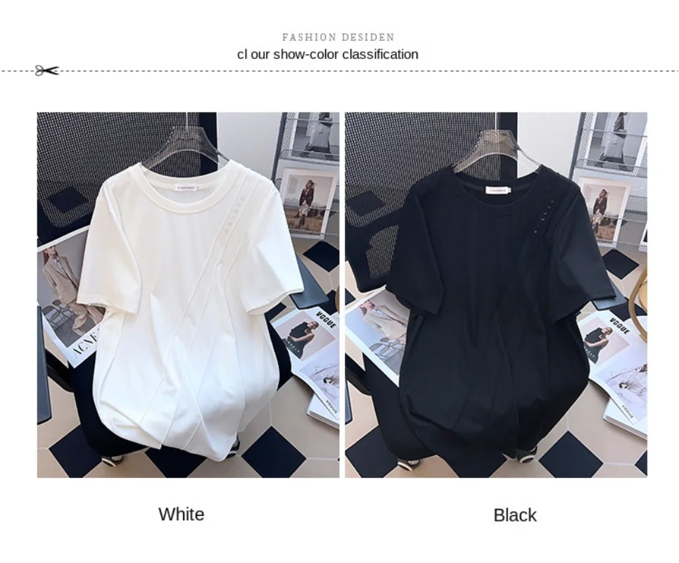 

Женская свободная футболка средней длины с коротким рукавом и круглым вырезом