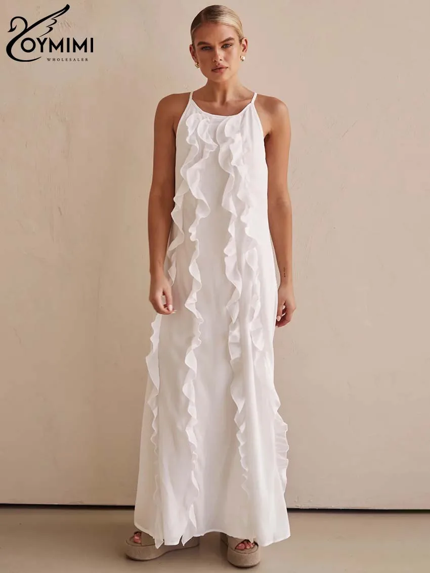 Oymimi повседневные белые платья с рюшами 2024 женские модные без рукавов на тонких