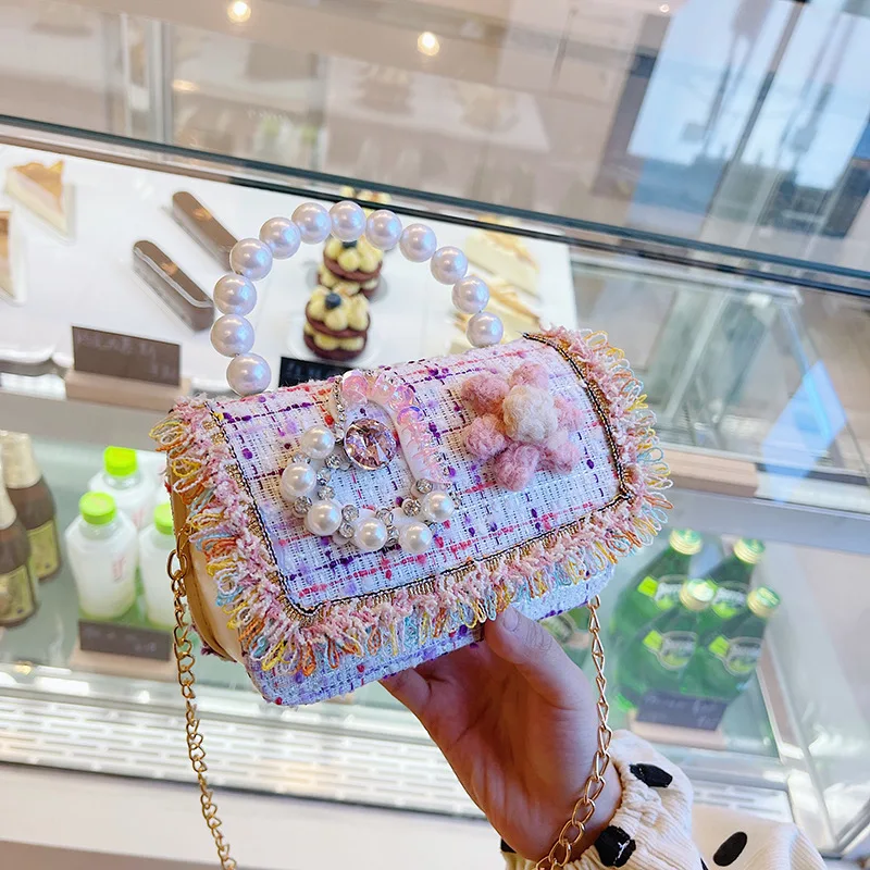 Cute Bear Children' Small Square Shoulder Bags Luxury Design Baby Girls Crossbody Bag Fashion Princess Pearl Handbags Coin Purse