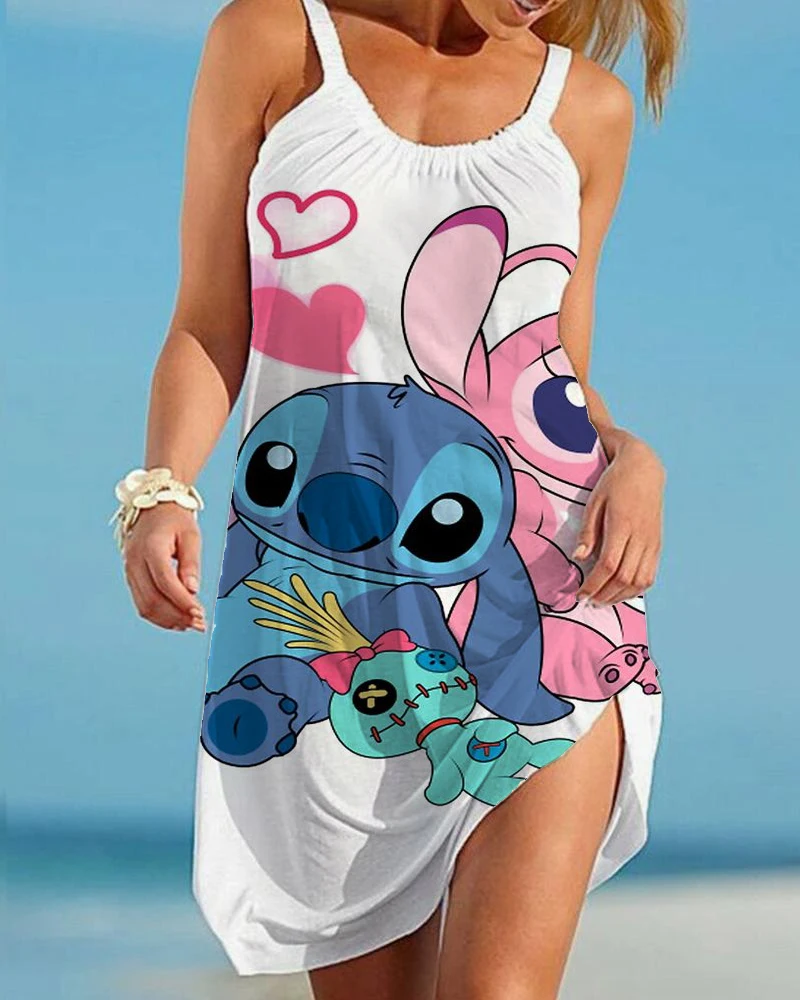 

Women Disney stitch Dress Bohemian Printed Casual Loose Sleeveless Sling Dresses Female Holiday Plus Size A-Line Mini Vestidos