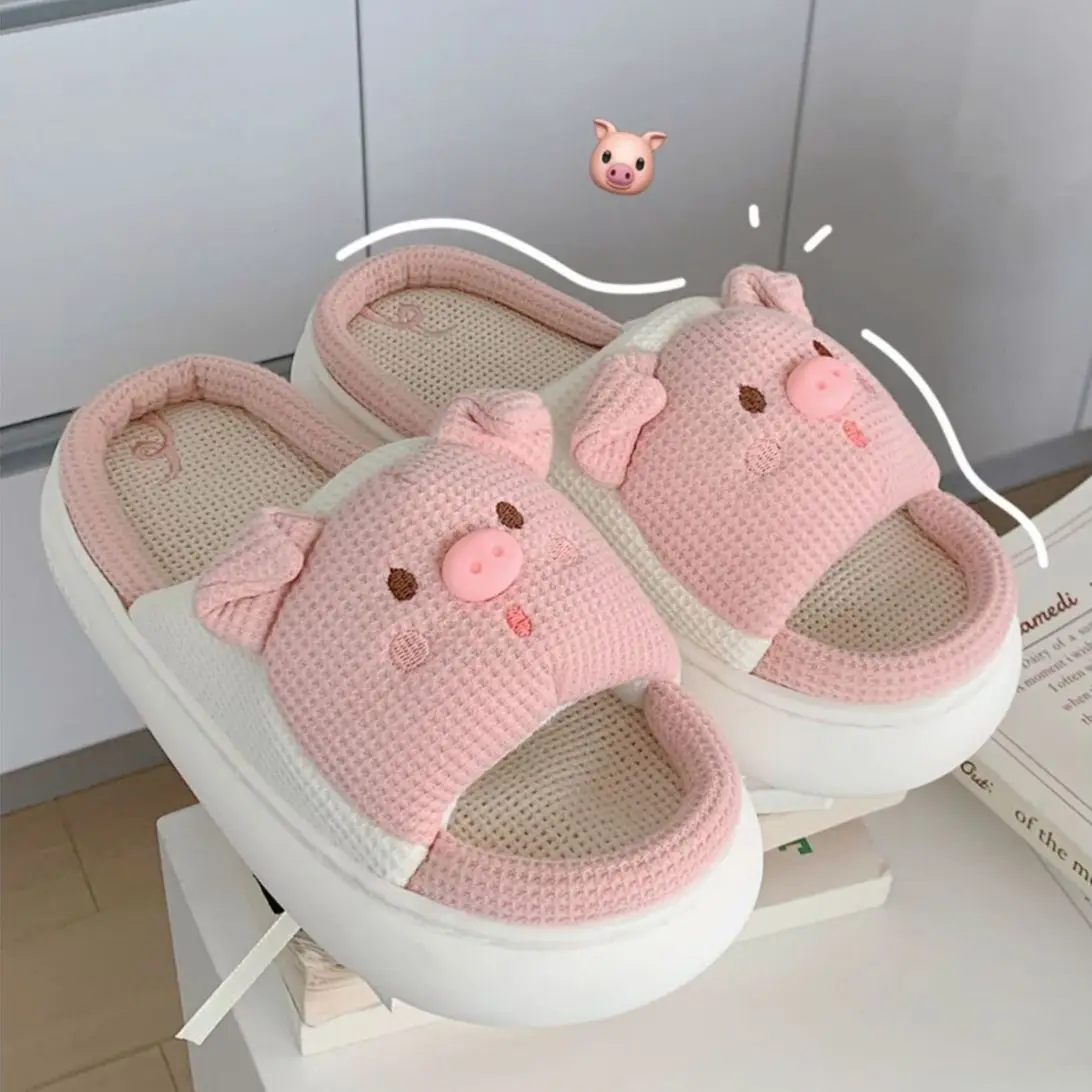 Yasuk All Season Women's Casual Simple Indoor And Outside Home Slippers Non-Slip Cute Pink Pig Versatile Cotton Linen Sweet Girl