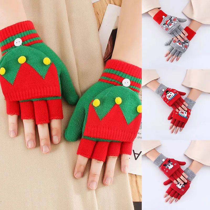 

Winter Soft Warm Knitted Flip Top Gloves For Women Christmas Style Half Finger Gloves Santa Claus Pattern Fingerless Gloves