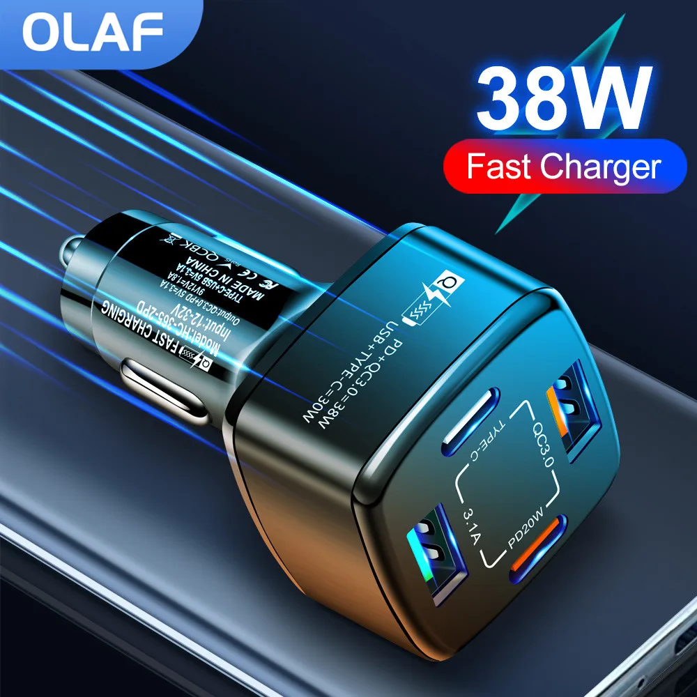 Olaf 38W Car Charger Fast Charging Type C PD QC3.0 3.1A USB Charger Multiple Ports For iPhone Xiaomi Huawei Phone Adapter