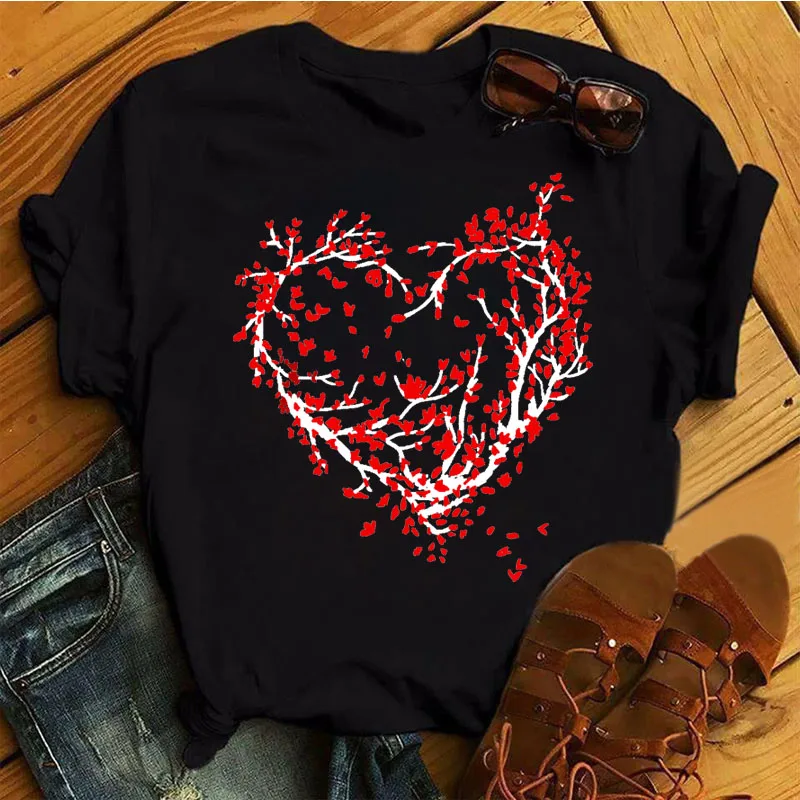 

Simple red love printing women's fashion tops T-shirts round neck women's casual T-shirts new women's tops