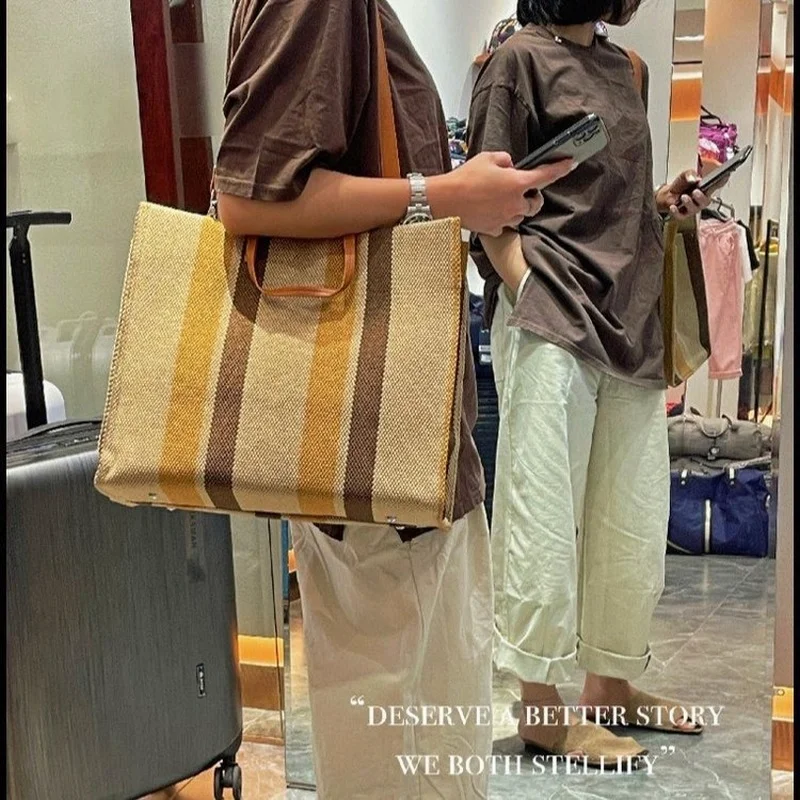

Casual Striped Canvas Large Tote Bag Designer Women Handbags Luxury Shoulder Crossbody Bags Big Shopper Purse Travel Sac 2022