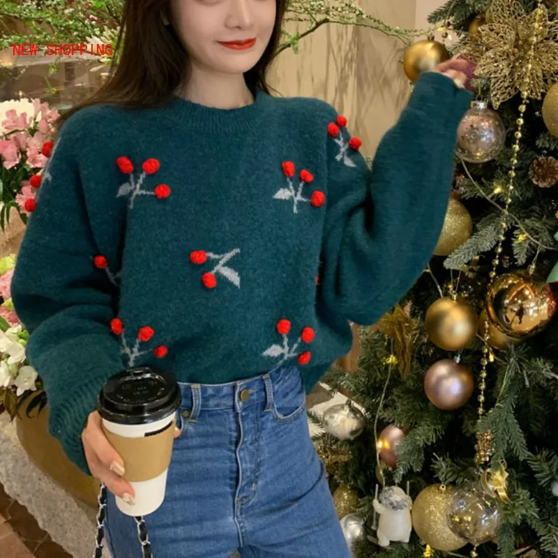 

3D Cherry Sweaters Winter Women Xmas Cute Knitted Crocheted Sweaters Shirts Pullovers Long-sleeved Crop Tops Red Mujer Invierno