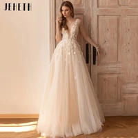 jeheth princess deep v neck tulle wedding dresses a line backless lace applique bridal gown floor length vestidos de novia 2022